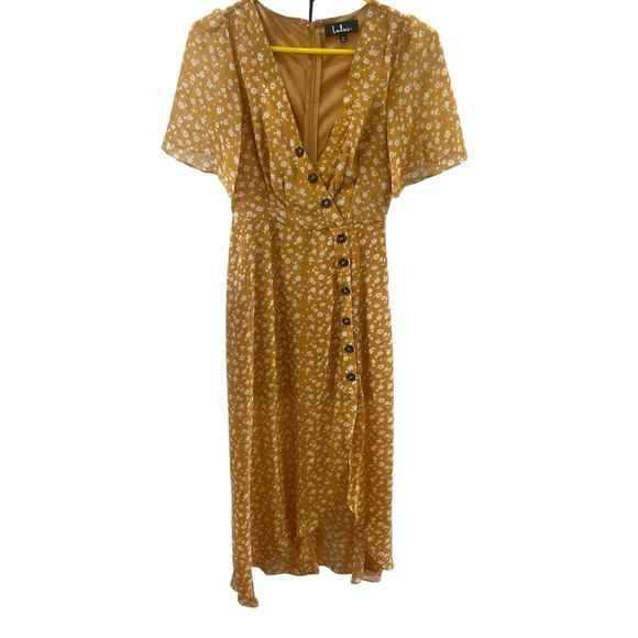 Lulus Dress After Bloom Delight Golden Yellow Floral High Low Mid XS - Picture 2 of 7